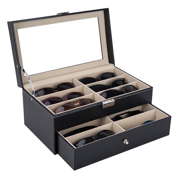 Leather 12 Piece Eyeglasses Storage and Sunglass Glasses Display Drawer Lockable Case Organizer Black