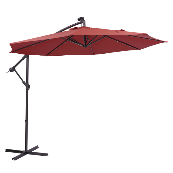 10 FT Solar LED Patio Outdoor Umbrella Hanging Cantilever Umbrella Offset Umbrella Easy Open Adustment with 32 LED Lights