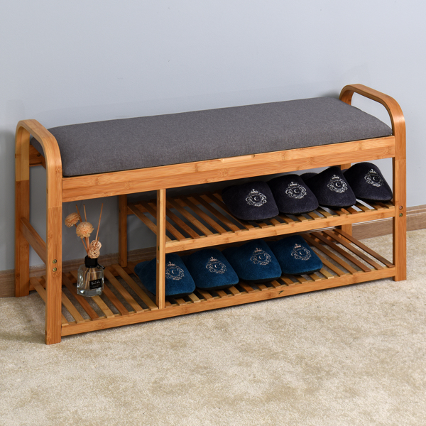 Living Room Bamboo Storage Bench Entryway 3 Shelves Bench with flip storage compartment 39.37 x 13 x 19.88 inch