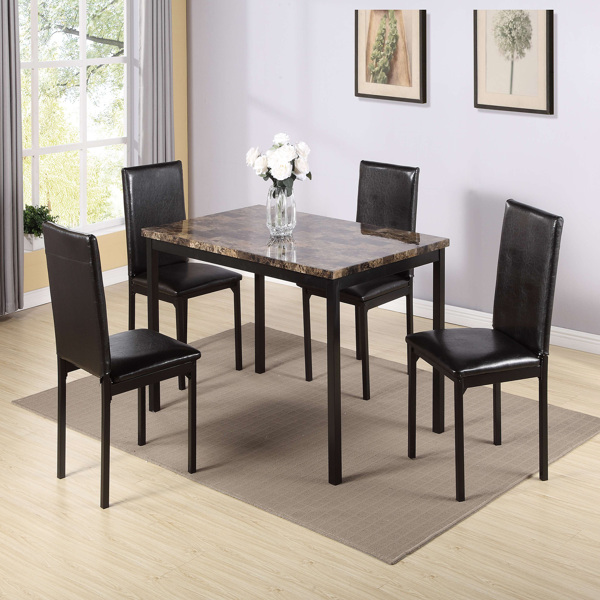 LEAVAN 5 Piece Metal Dinette Set with Faux Marble Top - Black,dinning set,table&amp;4 chairs