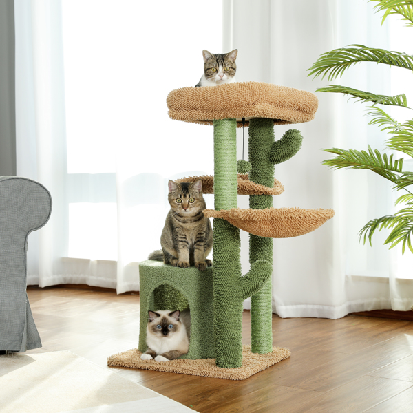 Cactus Cat Tree Cat Tower with Sisal Covered Scratching Post, Cozy Condo, Plush Perches and Fluffy Balls for Indoor Cats