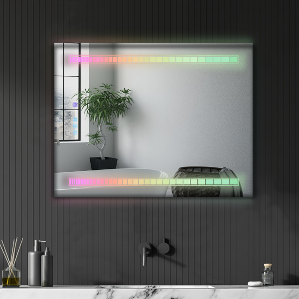 FCH 36*28in Symphony Elements Aluminum Alloy Rectangular Built-In Light Strip With Anti-Fog Touch Adjustable Brightness Power-Off Memory Three-Tone Lighting Bathroom Mirror Silver