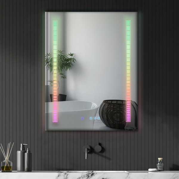 FCH 36*28in Symphony Elements Aluminum Alloy Rectangular Built-In Light Strip With Anti-Fog Touch Adjustable Brightness Power-Off Memory Three-Tone Lighting Bathroom Mirror Silver