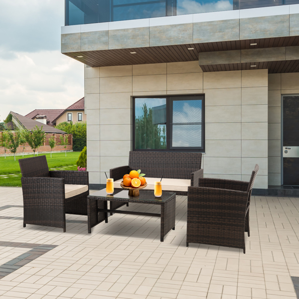 Cpintltr 4 Pieces Outdoor Wicker Furniture Sets PE Rattan Chair Patio Conversation Sets with Soft Cushions and Glass Tabletop Poolside Lawn Chairs for Balcony Garden Backyard Porch Khaki(4)