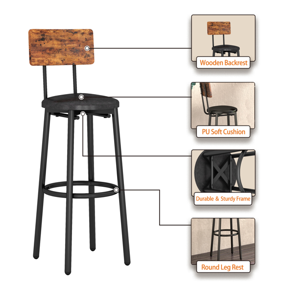 Bar Table Set with 4 Bar stools PU Soft seat with backrest (Rustic Brown47.24L*23.62W*35.43H)