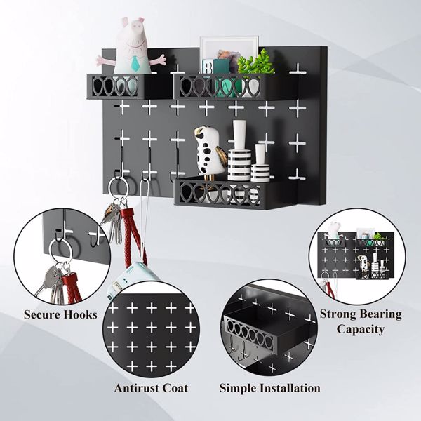 Metal Key Hooks with 3 Adjustable Baskets and 3 Hooks, Pegboards for wall Organizer