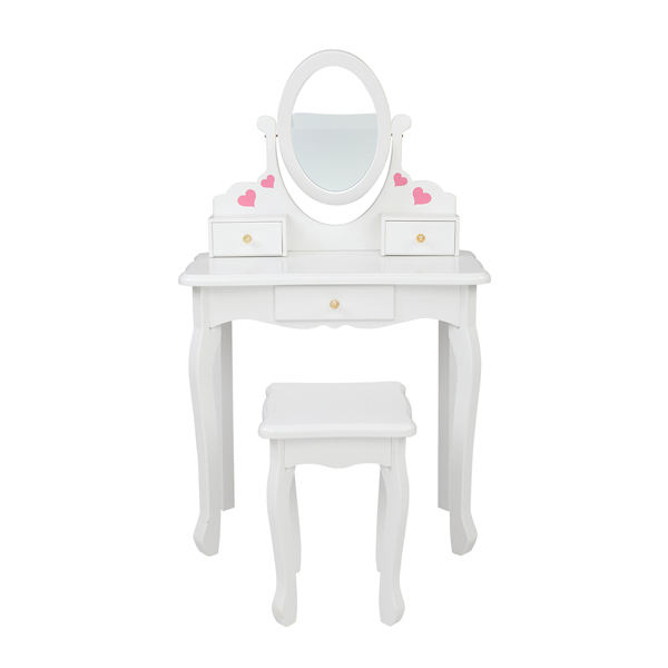 Children's Wooden Dressing Table Reversible Round Mirror Dressing Table Chair Three Drawers White Love Style