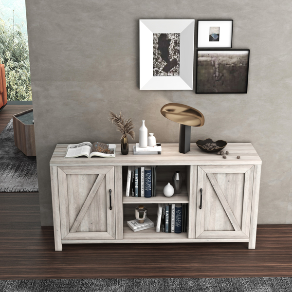 59 Inch Modern Farmhouse Double Doors TV Stand for TVs up to 65 Inches, Grey Walnut