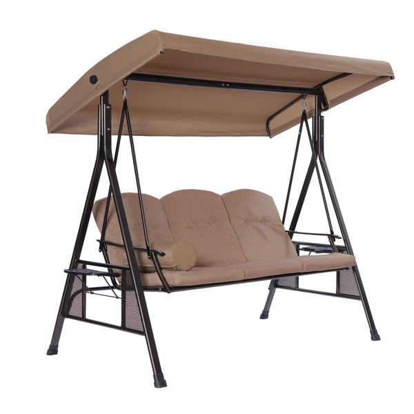 3 Persons Luxury Outdoor Porch Swing Chair With Cup Holders, Cushions, Pillows, Canopy Adjustable