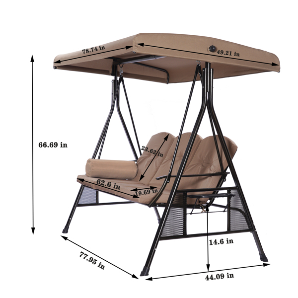 3 Persons Luxury Outdoor Porch Swing Chair With Cup Holders, Cushions, Pillows, Canopy Adjustable