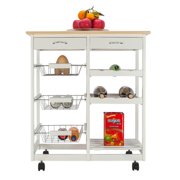 Moveable Kitchen Cart with Two Drawers &amp; Two Wine Racks &amp; Three Baskets White