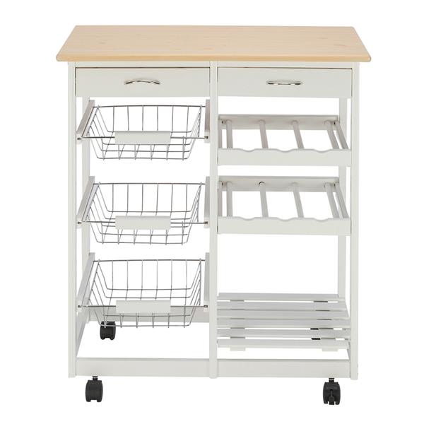 Moveable Kitchen Cart with Two Drawers &amp; Two Wine Racks &amp; Three Baskets White