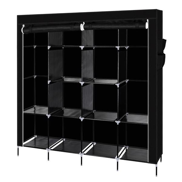 67&quot; Clothes Closet Portable Wardrobe Clothes Storage Rack 12 Shelves 4 Side Pockets Black