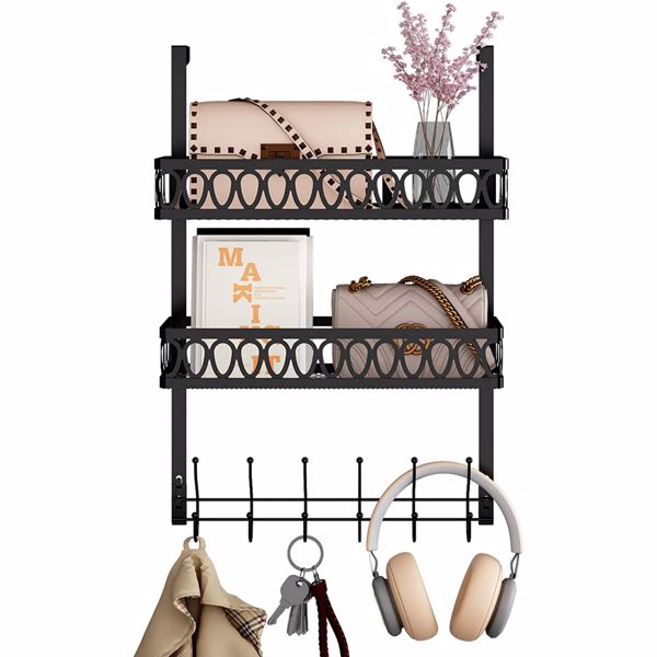 Hooks on the door to hang clothes, towel rack on the door with 2 baskets, coat rack on the door bathroom organizer, black