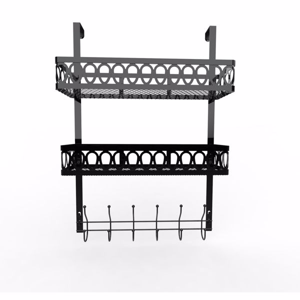 Hooks on the door to hang clothes, towel rack on the door with 2 baskets, coat rack on the door bathroom organizer, black