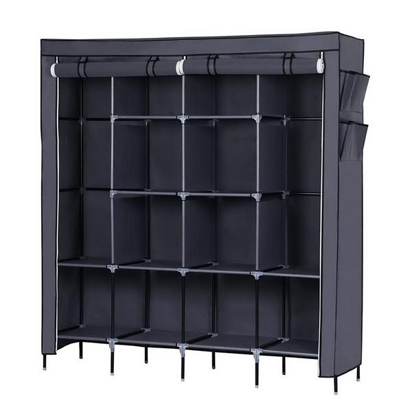 67&quot; Clothes Closet Portable Wardrobe Clothes Storage Rack 12 Shelves 4 Side Pockets Gray