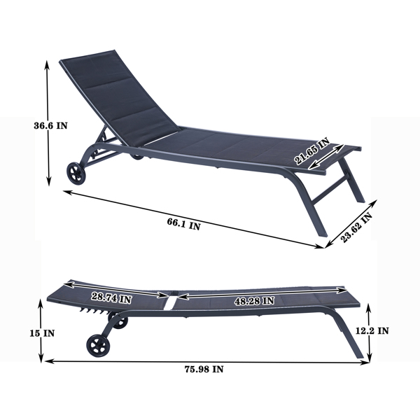 Outdoor 2-Pcs Set Chaise Lounge Chairs, Five-Position Adjustable Metal Recliner Black