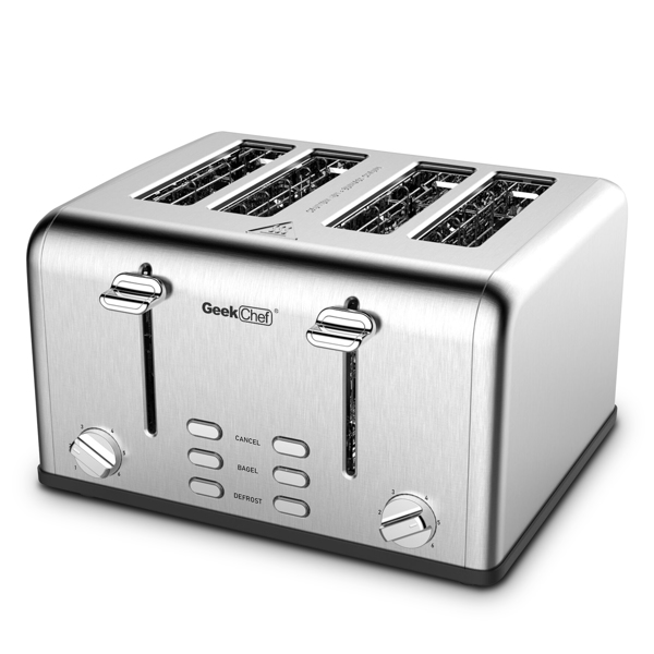 Toaster 4 Slice, Geek Chef Stainless Steel Extra-Wide Slot Toaster with Dual Control Panels of Bagel/Defrost/Cancel Function(Sliver-Black)Banned from selling on Amazon