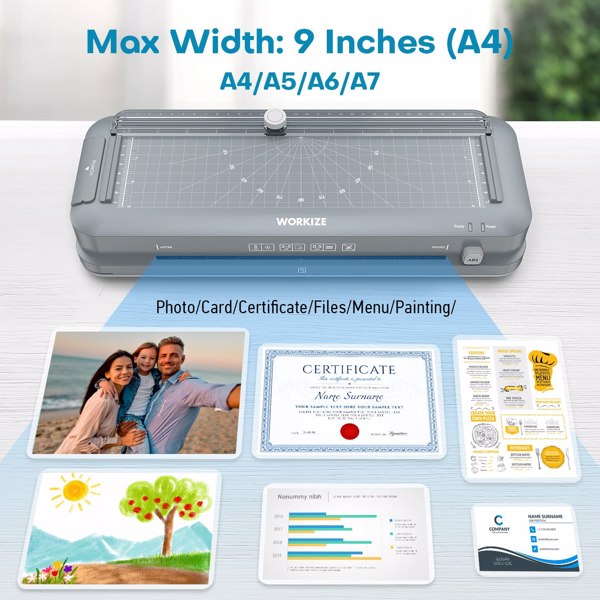 Laminator, A4 Laminator Machine, WORIKIZE Thermal Laminator with Laminating Sheets 20 Pouches for Home Office School, OL188, Gray