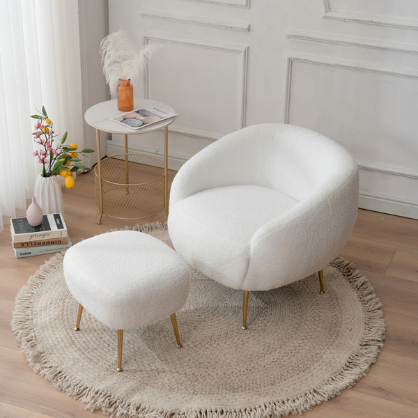 Faux Fur Barrel Accent Chair with Ottoman for Bedroom Living Room Guestroom, White