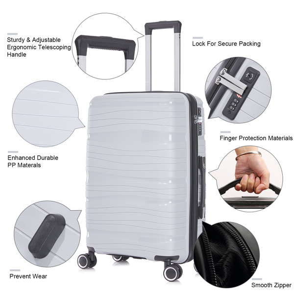 3 Piece Set Travel Luggage Hard shell Suitcase PP material Super light Anti-scratch Luggage set with Spinner Wheels(20/24/28 inch) Silver