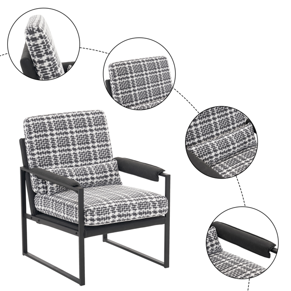 Single Iron Frame Chair, Soft Bag, Black And White Grid, Armrest Frame, Dark Gray Honeycomb Leather, Indoor Leisure Chair