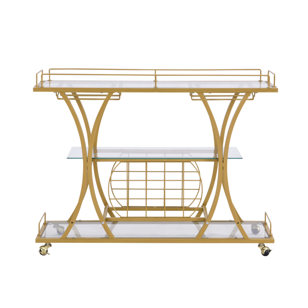 Golden Bar Cart with Wine Rack Silver Modern Glass Metal Frame Wine Storage