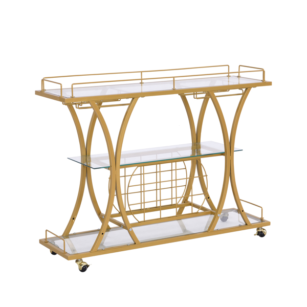 Golden Bar Cart with Wine Rack Silver Modern Glass Metal Frame Wine Storage