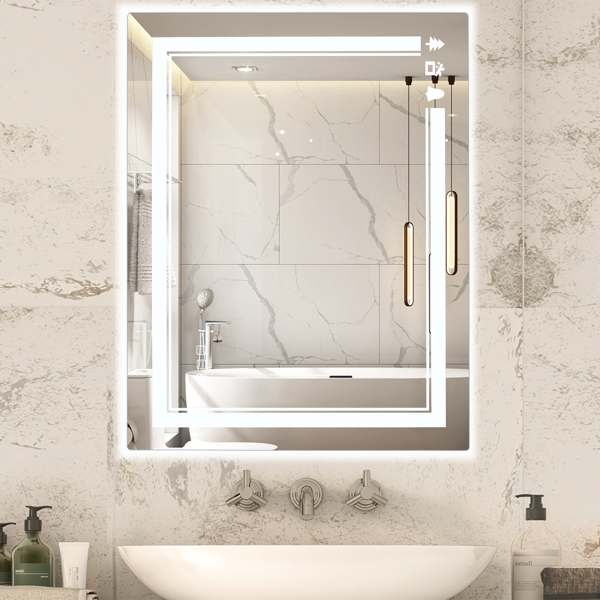 FCH 32*24in Christmas Elements Aluminum Alloy Rectangular Built-In Light Strip With Anti-Fog Touch Adjustable Brightness Power-Off Memory Three-Tone Lighting Bathroom Mirror Silver
