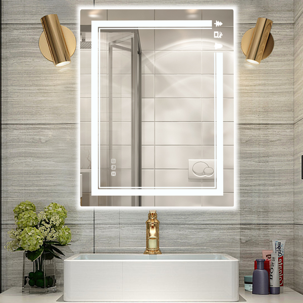FCH 32*24in Christmas Elements Aluminum Alloy Rectangular Built-In Light Strip With Anti-Fog Touch Adjustable Brightness Power-Off Memory Three-Tone Lighting Bathroom Mirror Silver