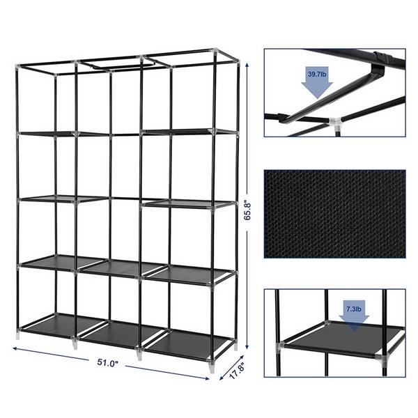 67&quot; Portable Closet Organizer Wardrobe Storage Organizer with 10 Shelves Quick and Easy to Assemble Extra Space Black