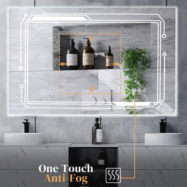 FCH 40*24in Geometric Elements Aluminum Alloy Rectangular Built-In Light Strip With Anti-Fog Touch Adjustable Brightness Power-Off Memory Three-Tone Lighting Bathroom Mirror Silver