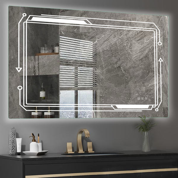 FCH 40*24in Geometric Elements Aluminum Alloy Rectangular Built-In Light Strip With Anti-Fog Touch Adjustable Brightness Power-Off Memory Three-Tone Lighting Bathroom Mirror Silver