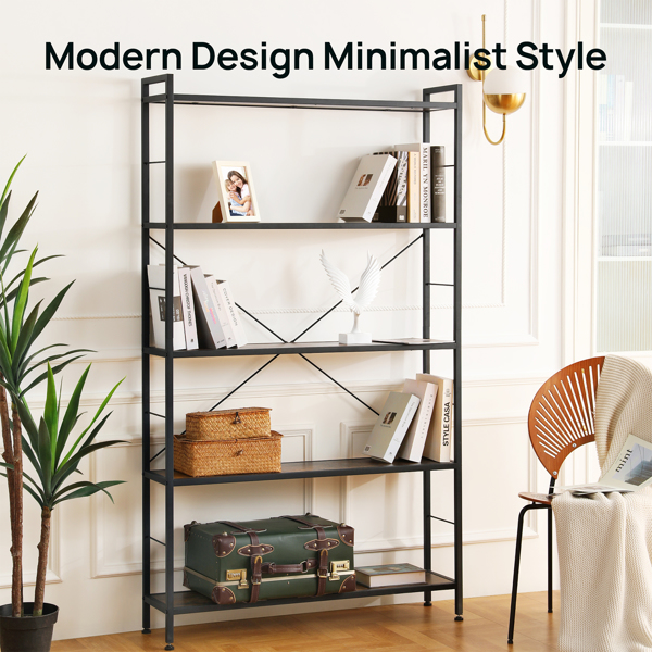5-Shelf Bookshelf, Modern Freestanding Bookcase with Steel Frame, X-Shaped Metal Tube, Rustic Bookshelf for Storage and Display for Bedroom, Living Room, Study, Home Office
