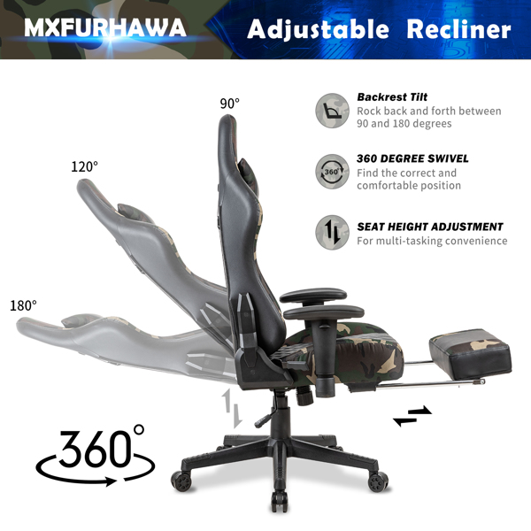 Gaming Chair PC Office Chair Computer Racing Chair PU Desk Task Chair Ergonomic 360Swivel Rolling Chair Height Adjustable E-sports Chair with Leg Rest Lumbar Support and Headrest for Office or Gaming