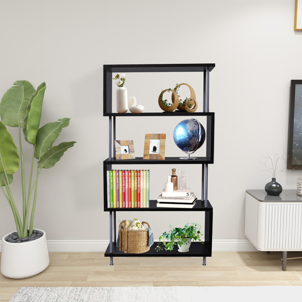 S-Shaped 5 Shelf Bookcase, Wooden Z Shaped 5-Tier Vintage Industrial Etagere Bookshelf Stand for Home Office Living Room Decor Books DisplayDark Brown