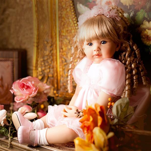 24&quot; Beautiful Simulation Baby Golden Curly Girl Wearing Pink Princess Dress Doll