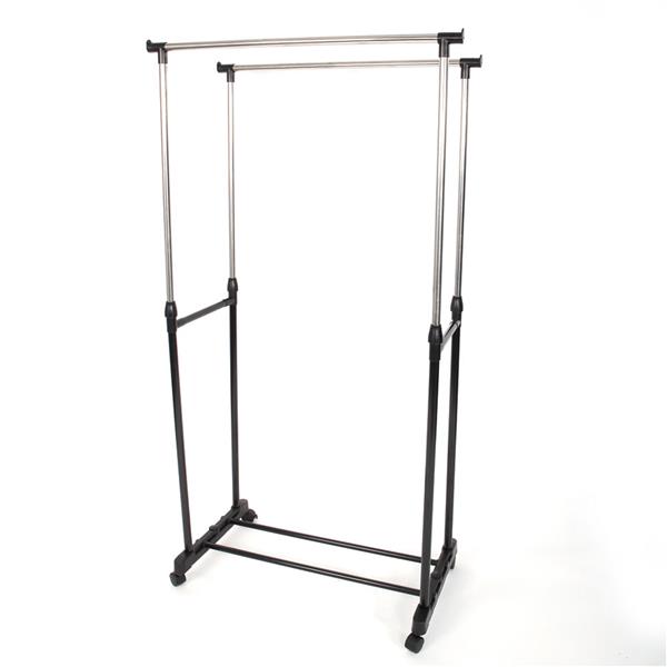 Dual-bar Vertical &amp; Horizontal Stretching Stand Clothes Rack with Shoe Shelf YJ-03 Black &amp; Silver