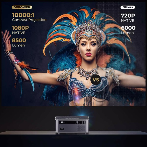 DBPOWER Native 1080P WiFi Projector, Upgrade 12000L 450 ANSI Full HD Outdoor Movie Projector, RD-828, Gray