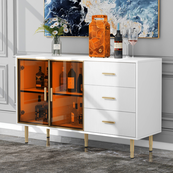 Modern Sideboard MDF Buffet Cabinet Marble Sticker Tabletop and Amber-yellow Tempered Glass Doors with Gold Metal Legs &amp; Handles (White)