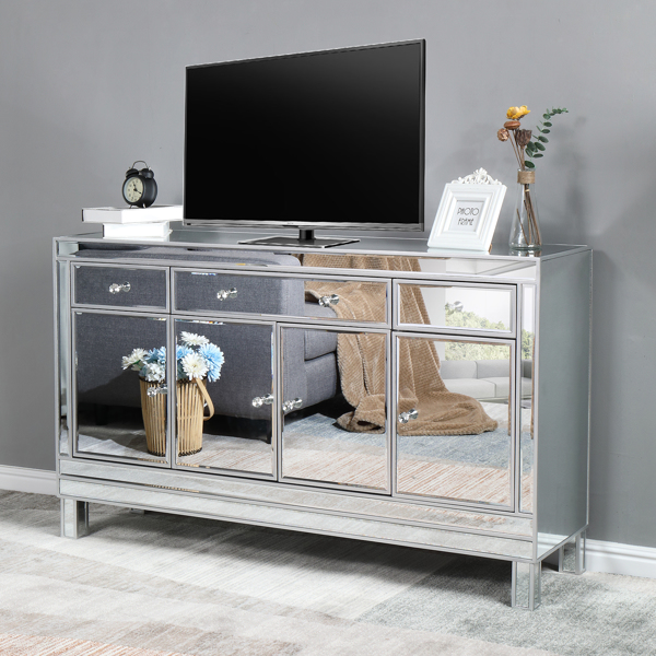 Mirrored Finish Glass TV STAND with 3-Drawers 4 doors cabinet for Living Room