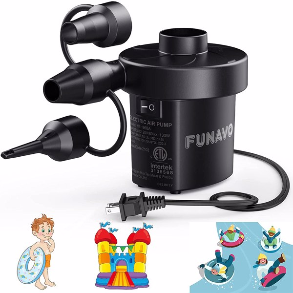 Electric Air Pump, FUNAVO Portable Air Pump With 3 Nozzles, 130 W Quick-fill Electric Pump, HT-196BA, Black