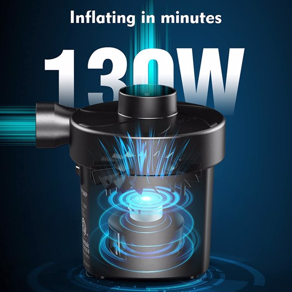 Electric Air Pump, FUNAVO Portable Air Pump With 3 Nozzles, 130 W Quick-fill Electric Pump, HT-196BA, Black