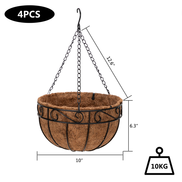 4pcs 10&quot; Black Painted Round Wrought Iron Coconut Palm Hanging Basket