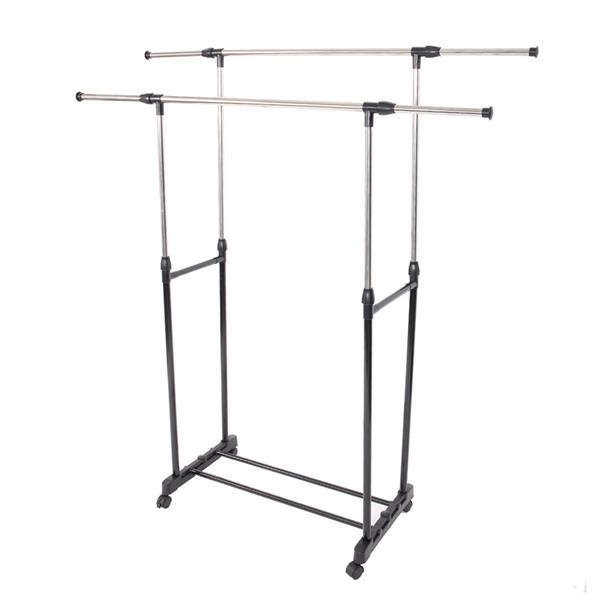 Dual-bar Vertical &amp; Horizontal Stretching Stand Clothes Rack with Shoe Shelf YJ-04 Black &amp; Silver