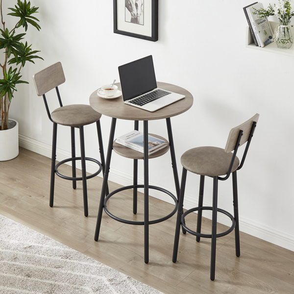 Bar Table Set with 2 Bar stools PU Soft seat with backrest (Grey,23.62L*23.62W*35.43H)
