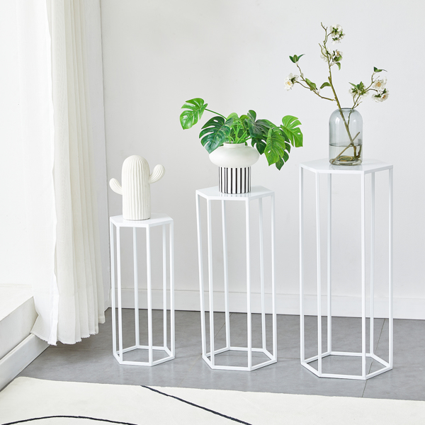 27.55&quot; High Set of 3 Metal Plant Stand White Nesting Display End Table High Hexagon Rack Indoor Flower Holder Corner Planter Pot Rack Living Room &amp; Patio Decor H19/23/27