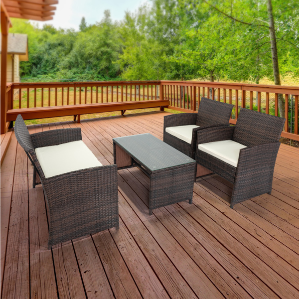 4 PCS Wicker Patio Conversation Set, Outdoor Rattan Sofas with Table Set, Patio Furniture Set with Soft Cushions &amp; Tempered Glass Coffee Table