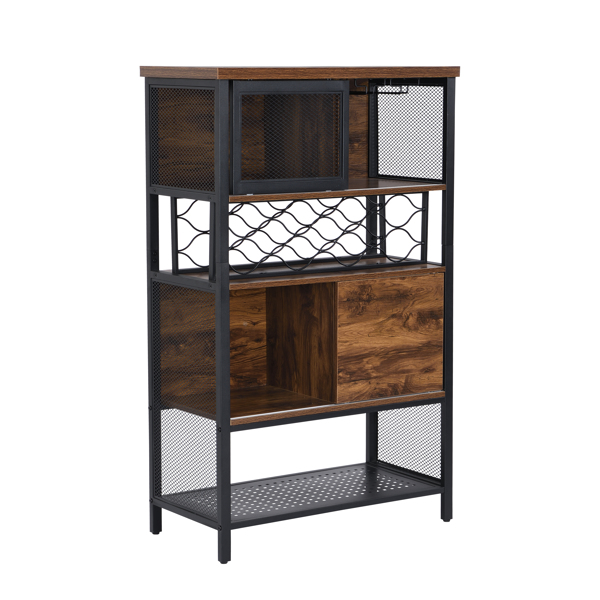 Industrial Bar Cabinet with Wine Rack for Liquor and Glasses, Wood and Metal Cabinet for Home Kitchen Storage Cabinet