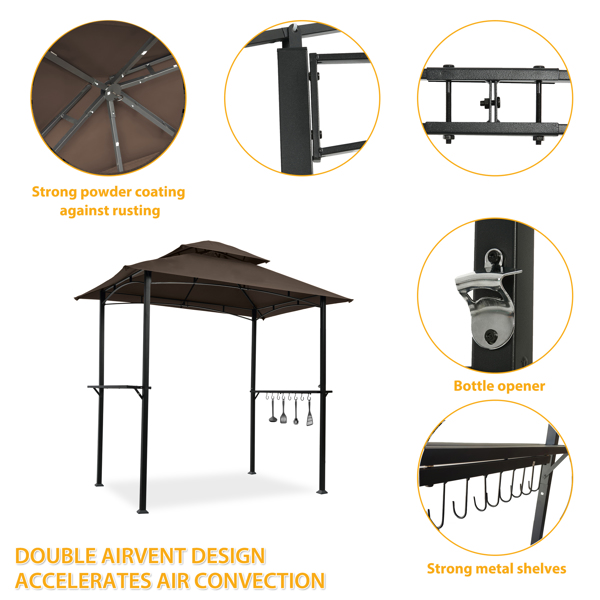 Outdoor Grill Gazebo 8 x 5 Ft, Shelter Tent, Double Tier Soft Top Canopy and Steel Frame with hook and Bar Counters, Brown
